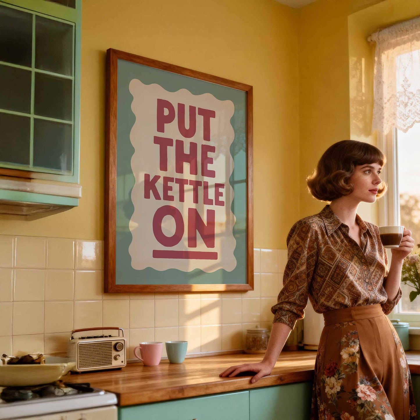 A woman stands in a kitchen, holding a cup of coffee and looking out the window. A framed poster with the text "PUT THE KETTLE ON" hangs on the wall behind her.