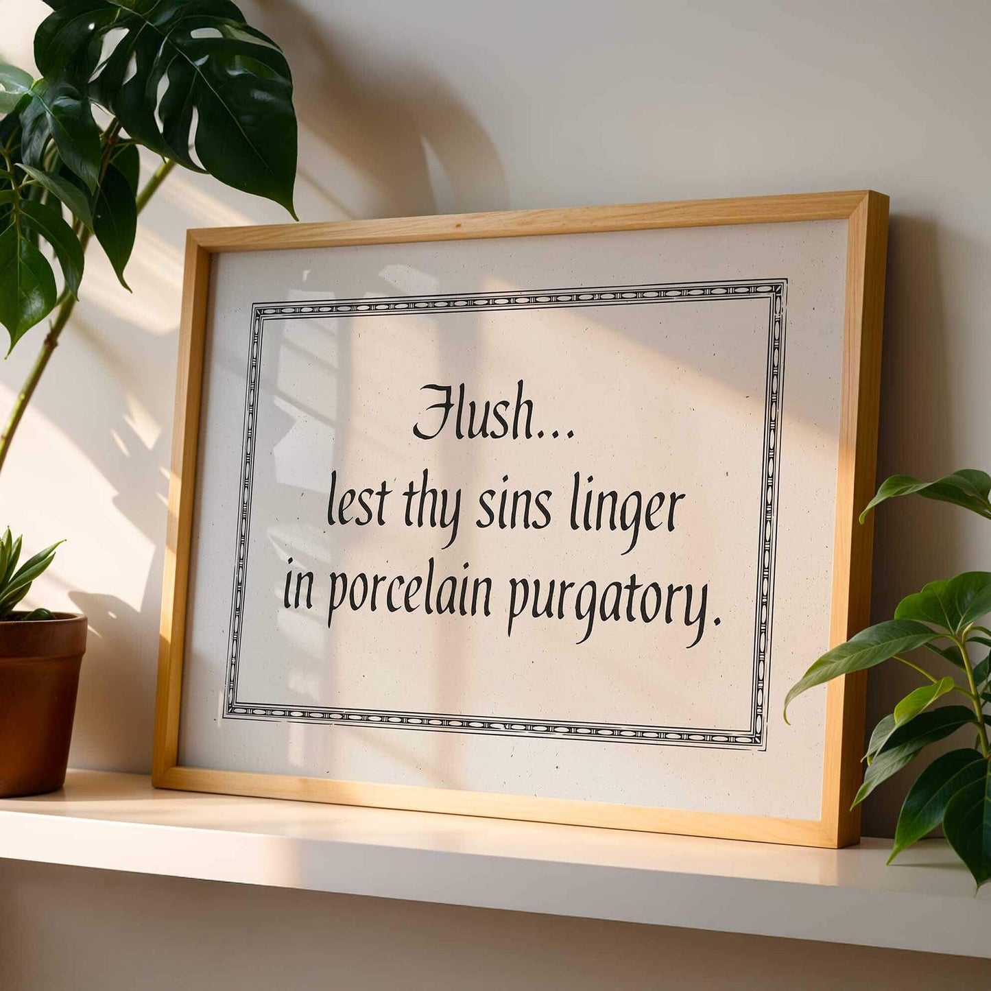 a framed quote on a shelf, surrounded by potted plants.