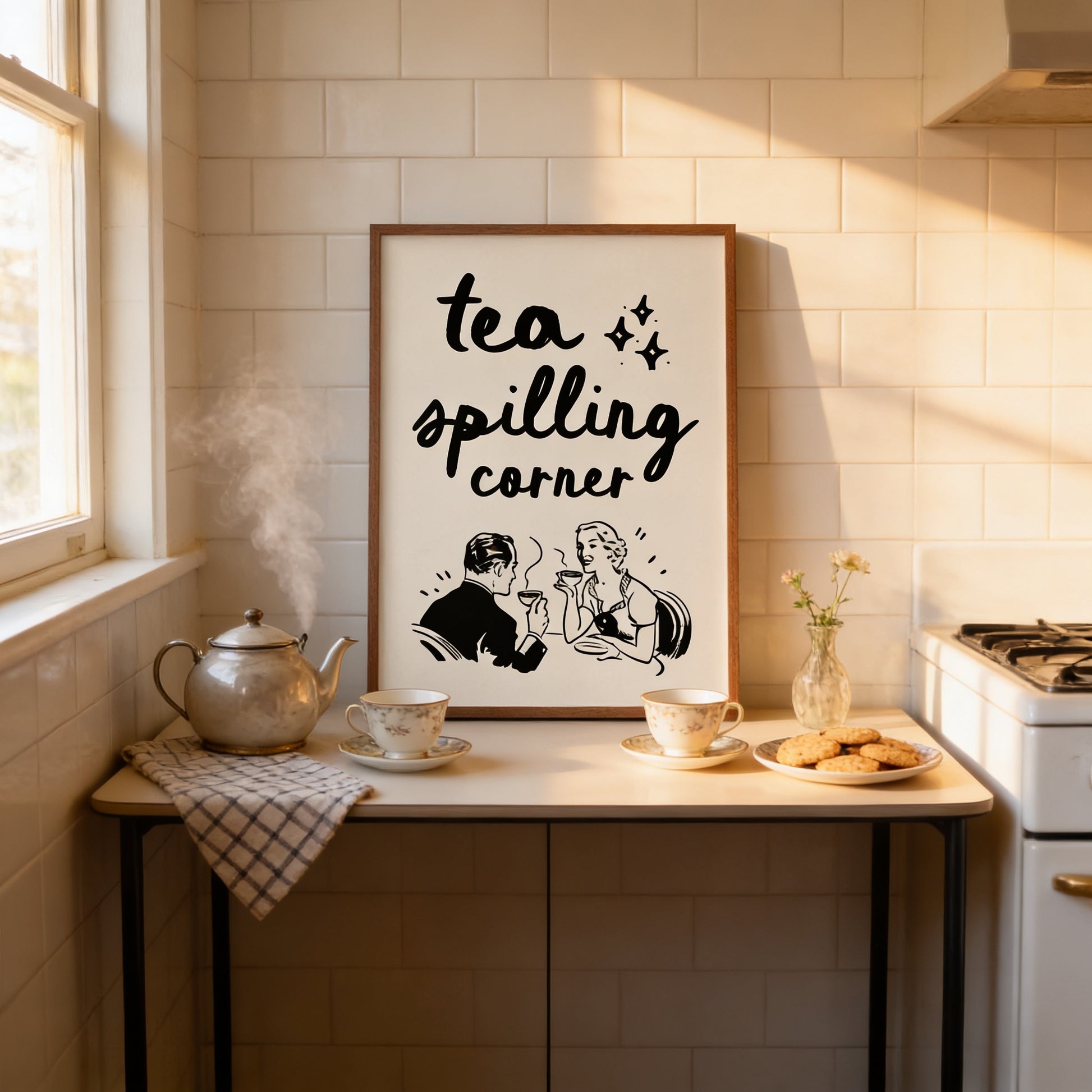 A framed poster with the text "tea spilling corner" is displayed on a kitchen counter, accompanied by a teapot, cups, cookies, and a vase of flowers.