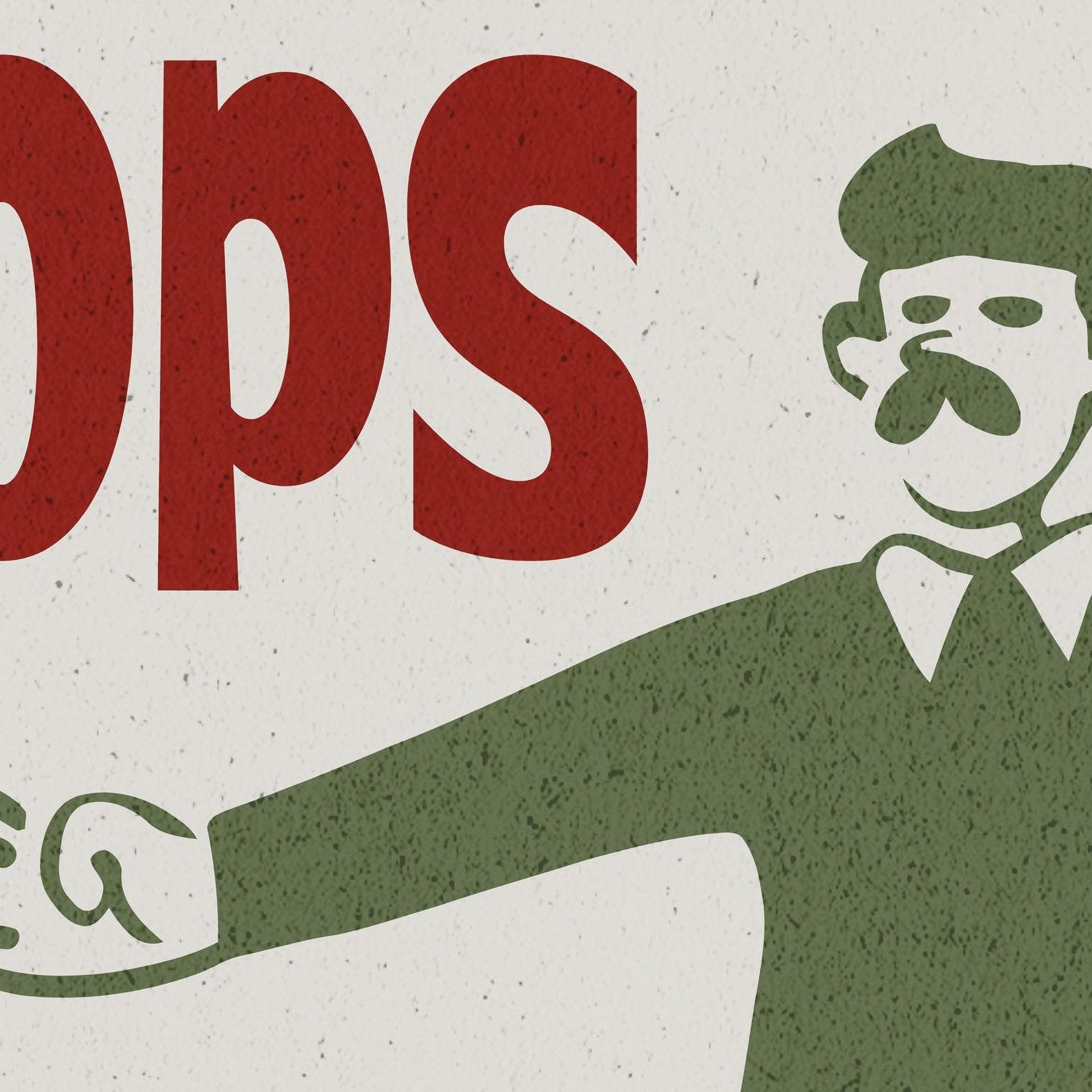 A stylized illustration of a man wearing a green shirt and a hat, with the word "OPS" prominently displayed in red text.