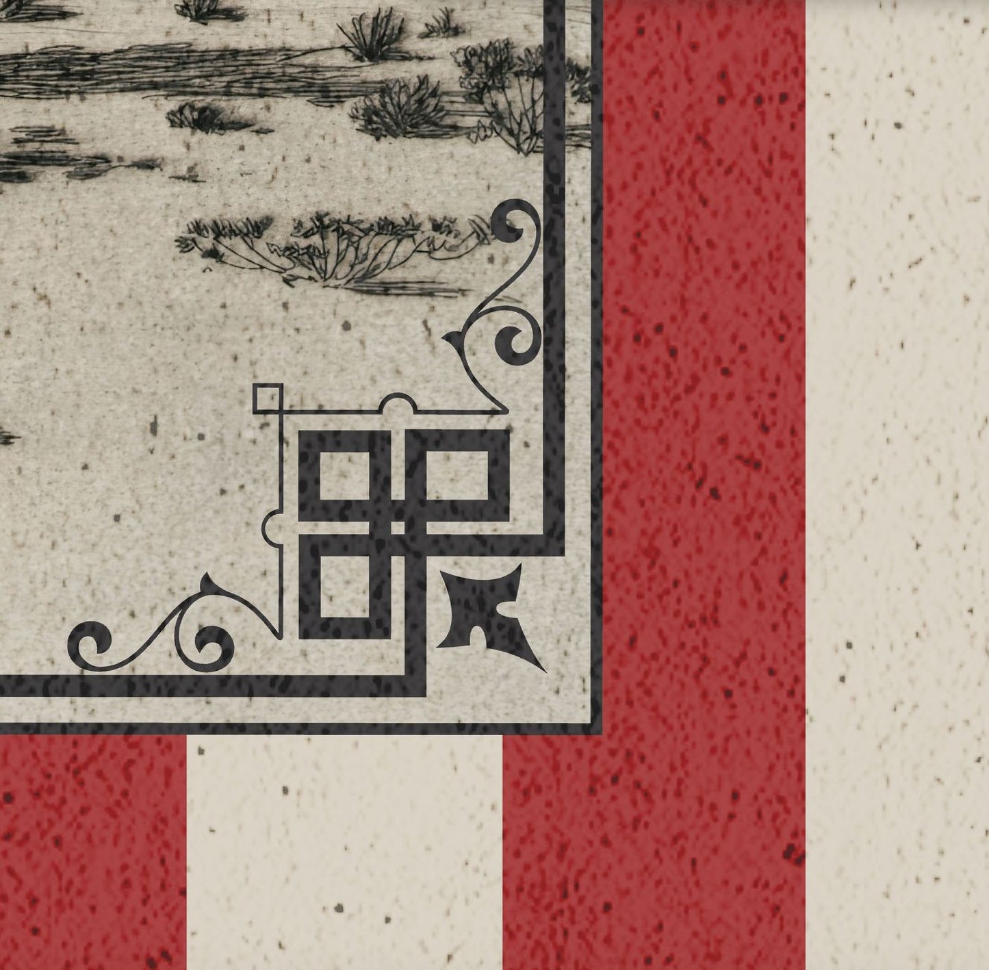 The image is a close-up of a decorative border with a black and white design, featuring a stylized pattern and a red stripe.